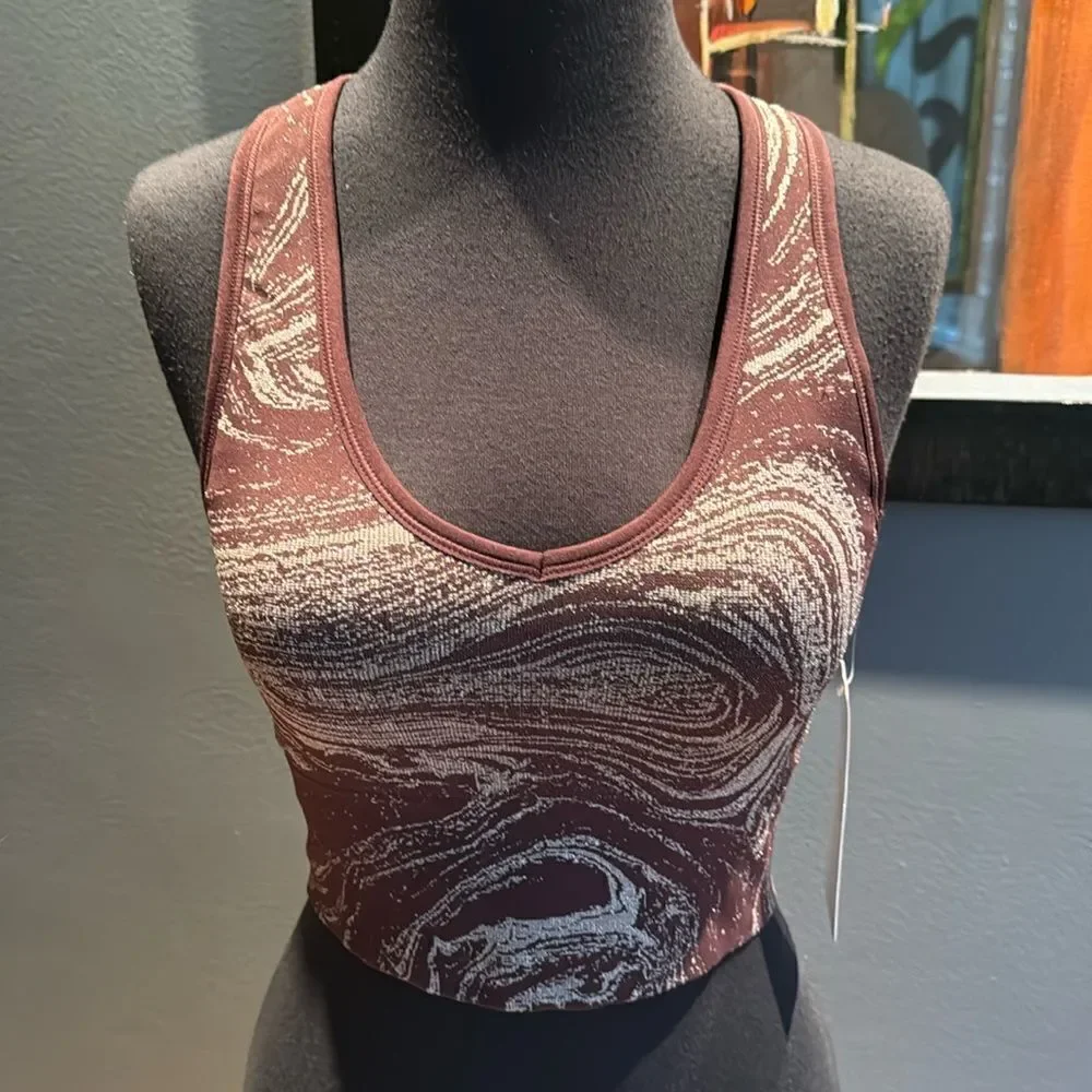 Athleta Aurora Seamless Shine Crop Rib Tank V Neck Bra Sparkle Spiced Cabernet S